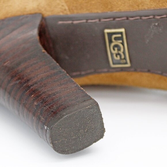 UGG ‘Dandylion II’ Suede Sheepskin Foldover Shearling Heeled Booties in Chestnut - Picture 8 of 10
